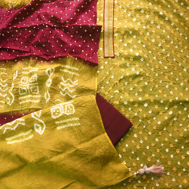 Ruksana Mehendi Green Neck Lace Patch Authentic Bandhej Work Cotton Suit Set