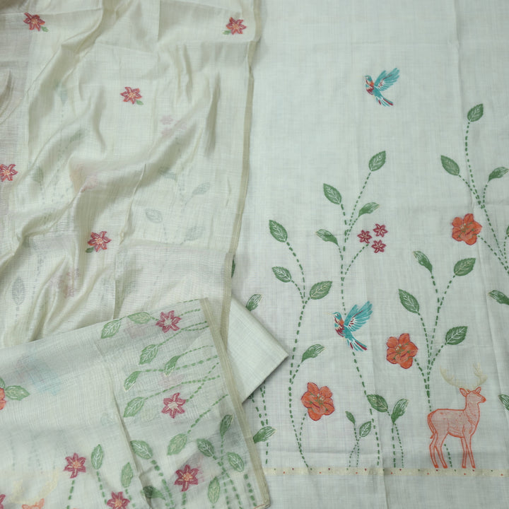 Alfaazi Champagne Beige Floral and Bird Authentic Jamdani Weaved Chanderi Suit Set