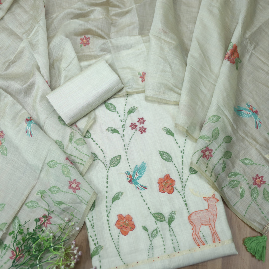 Alfaazi Champagne Beige Floral and Bird Authentic Jamdani Weaved Chanderi Suit Set