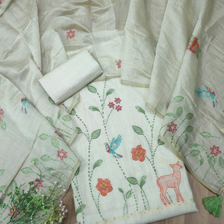Alfaazi Champagne Beige Floral and Bird Authentic Jamdani Weaved Chanderi Suit Set