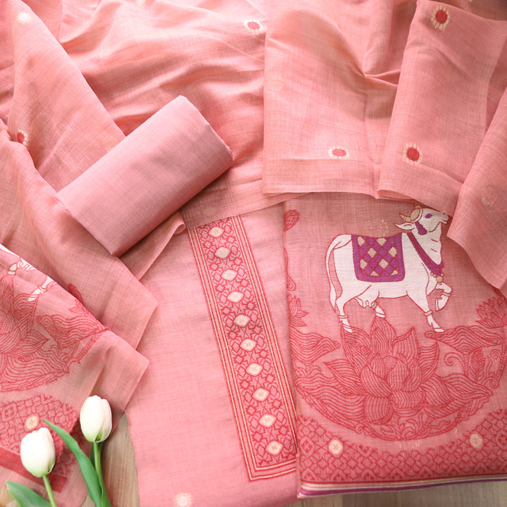 Svroop Coral Blush Pichwai Authentic Jamdani Weaved Hem Chanderi Suit Set