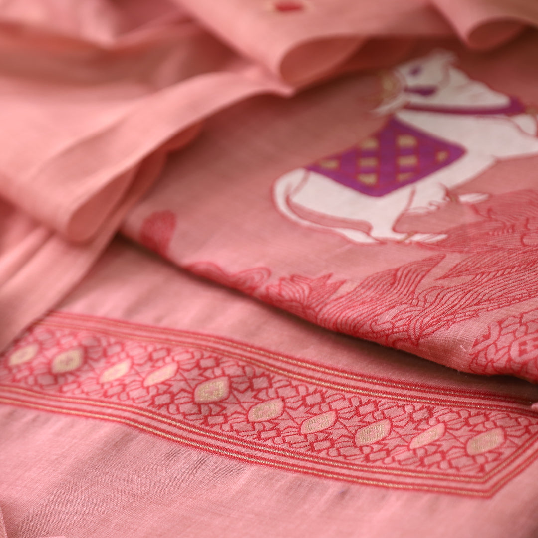 Svroop Coral Blush Pichwai Authentic Jamdani Weaved Hem Chanderi Suit Set