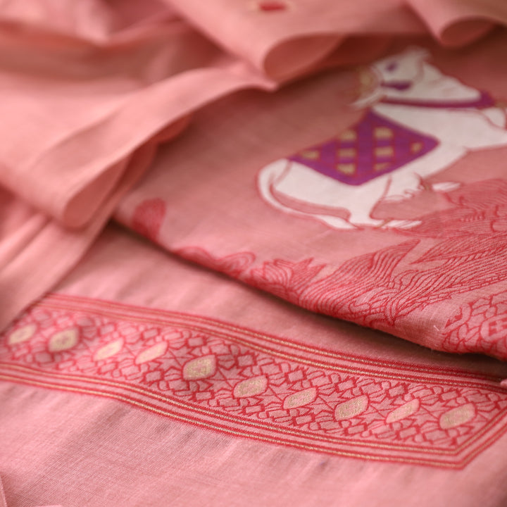 Svroop Coral Blush Pichwai Authentic Jamdani Weaved Hem Chanderi Suit Set