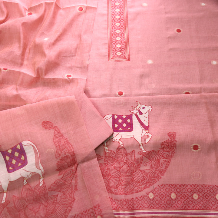Svroop Coral Blush Pichwai Authentic Jamdani Weaved Hem Chanderi Suit Set