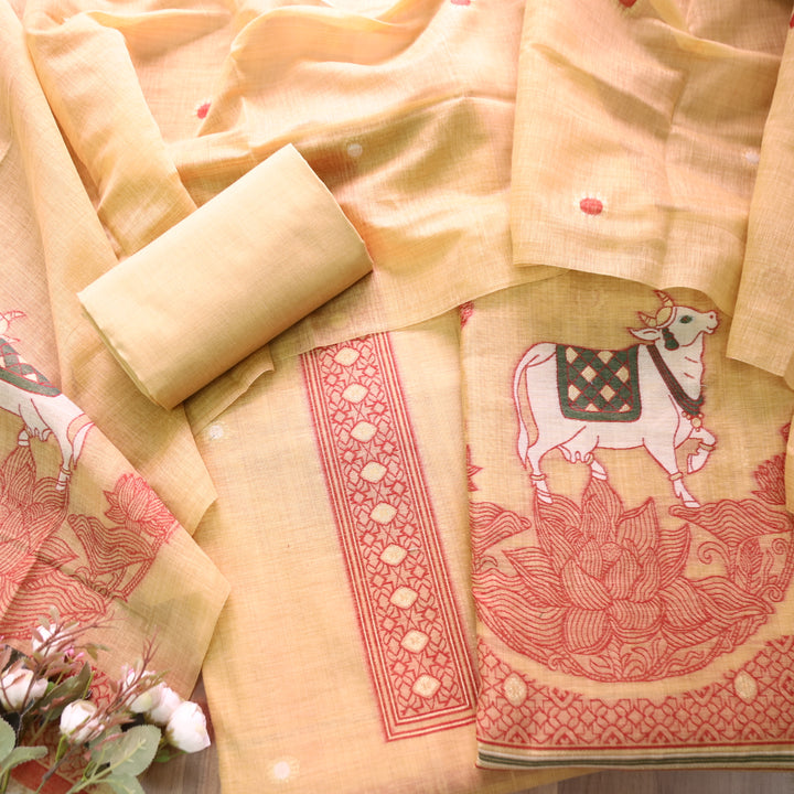 Svroop Bright Peach Pichwai Authentic Jamdani Weaved Hem Chanderi Suit Set