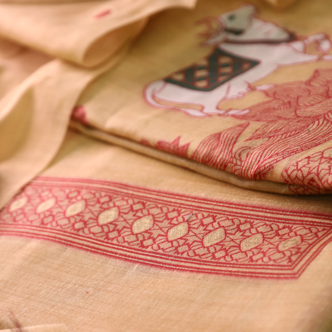 Svroop Bright Peach Pichwai Authentic Jamdani Weaved Hem Chanderi Suit Set