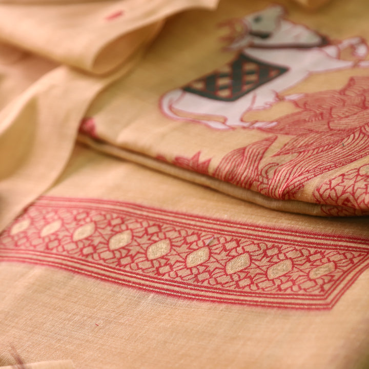 Svroop Bright Peach Pichwai Authentic Jamdani Weaved Hem Chanderi Suit Set