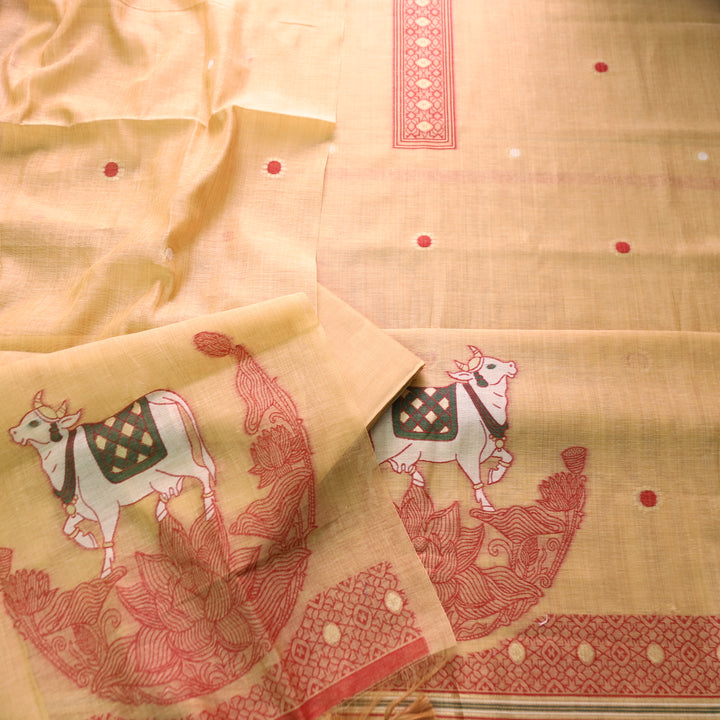Svroop Bright Peach Pichwai Authentic Jamdani Weaved Hem Chanderi Suit Set
