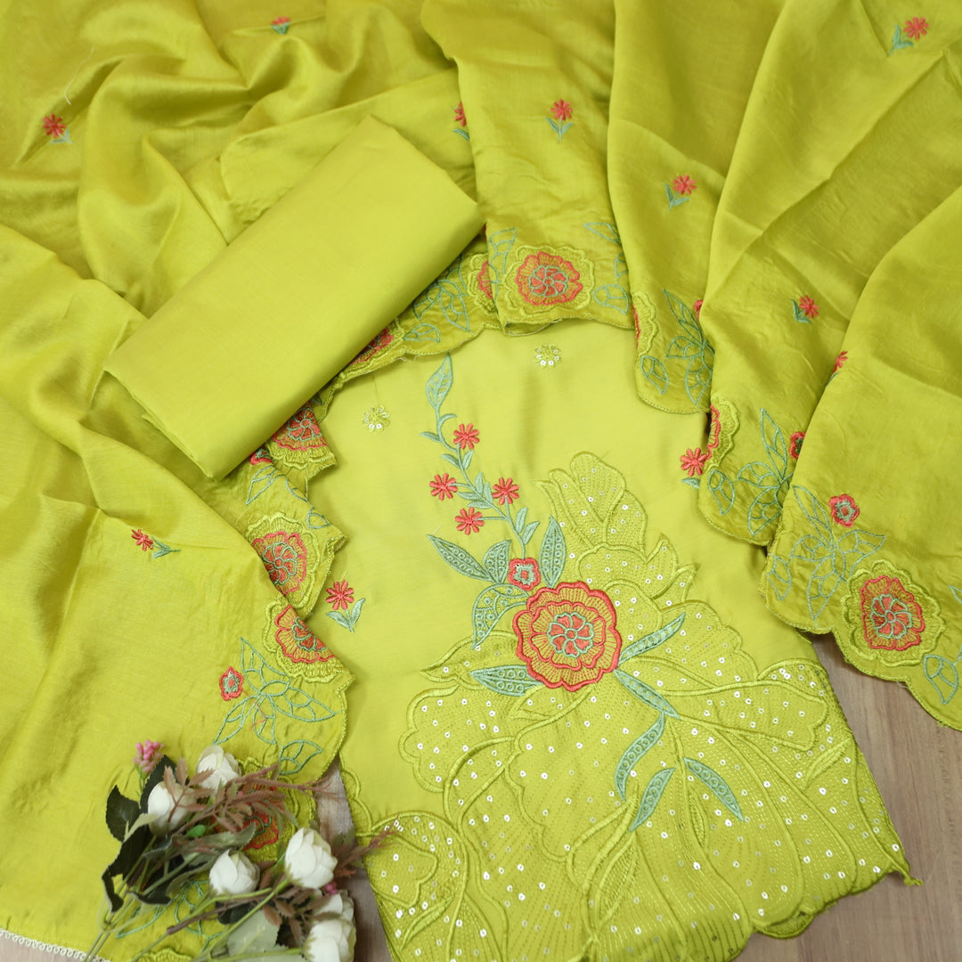 Manzeel Lemon Yellow Thread Embroidered Hem Work Modal Suit Set