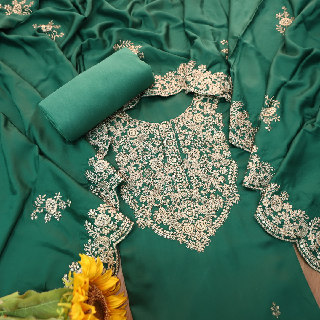 Deewani Sacramento Green Embellished Neckline with Zari Viscose Satin Suit Set