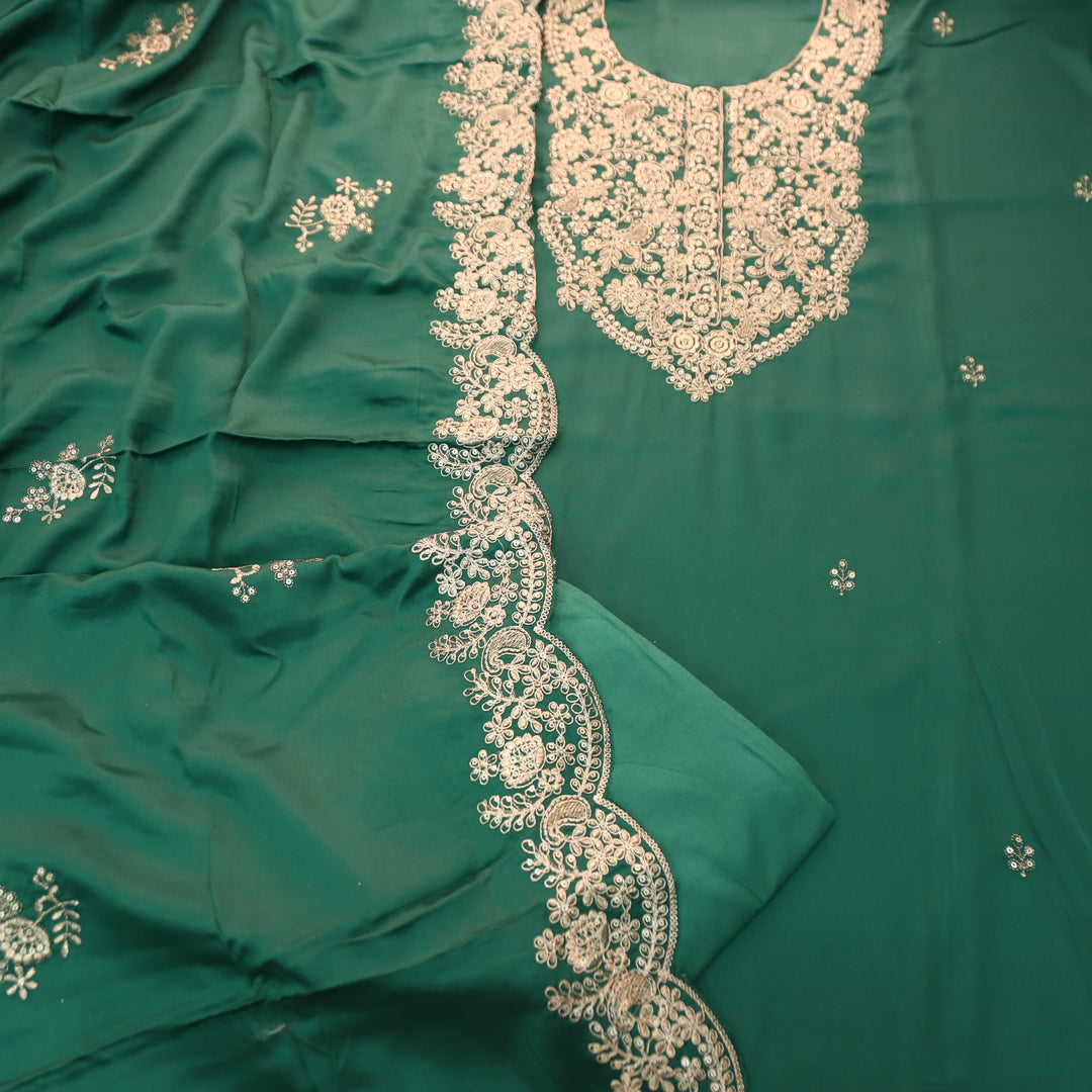 Deewani Sacramento Green Embellished Neckline with Zari Viscose Satin Suit Set