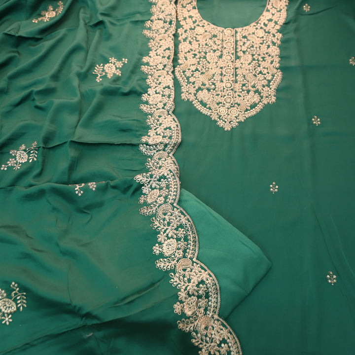 Deewani Sacramento Green Embellished Neckline with Zari Viscose Satin Suit Set