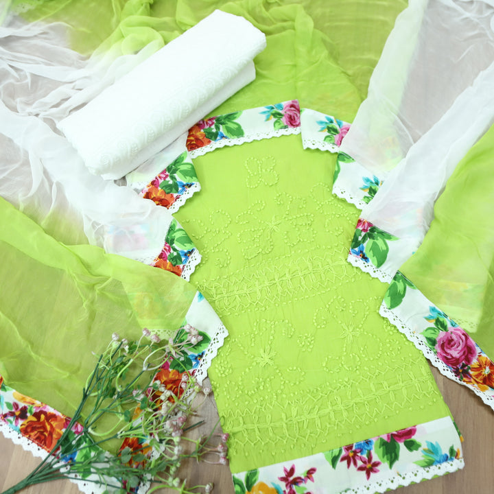 Amber Parrot Green French Knot Hem Work with Patch Cotton Suit Set