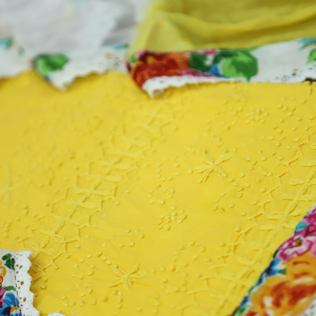 Amber Bright Yellow French Knot Hem Work with Patch Cotton Suit Set