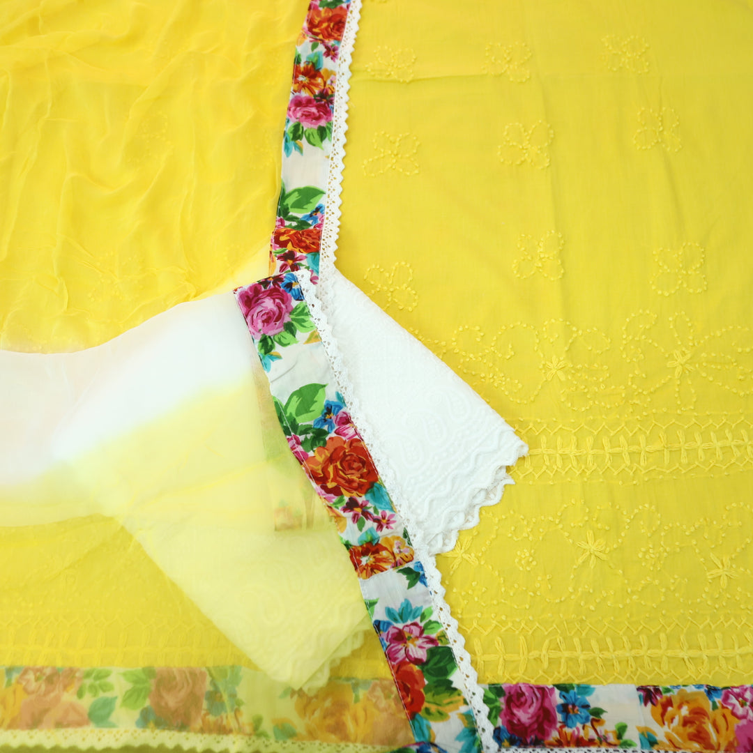 Amber Bright Yellow French Knot Hem Work with Patch Cotton Suit Set