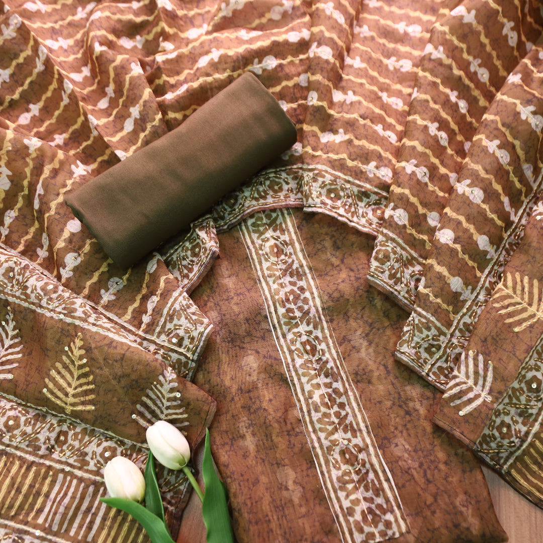 Kashvi Olive Green with Kantha Embroidery Neck Work Chanderi Suit Set