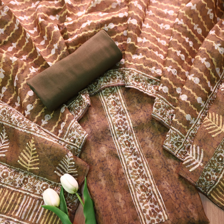 Kashvi Olive Green with Kantha Embroidery Neck Work Chanderi Suit Set