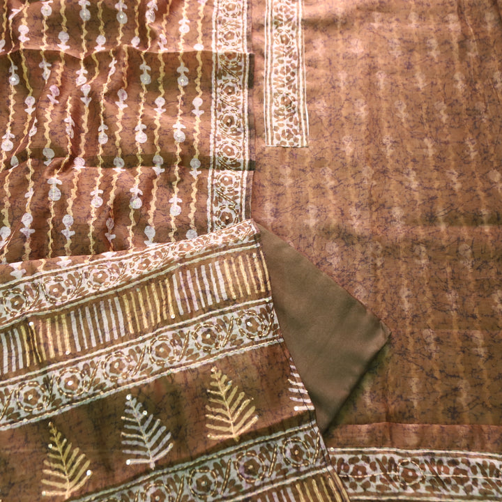 Kashvi Olive Green with Kantha Embroidery Neck Work Chanderi Suit Set