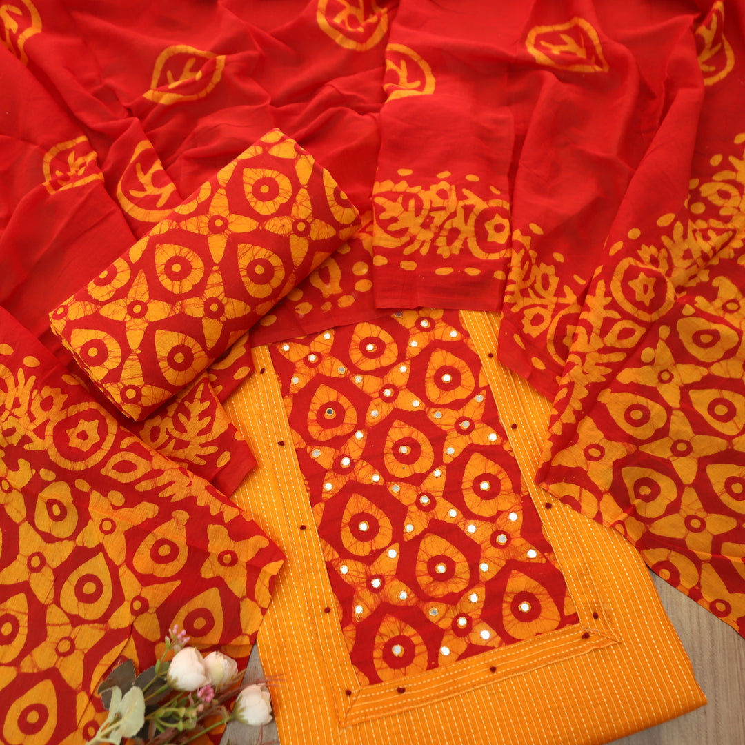 Sanskriti Tangerine Orange Batik Print with Patra Work Rinning Stitch Cotton Suit Set D1