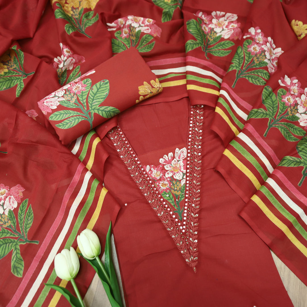 Yashvi Cardinal Red V Embellish Neckline Work with Floral Printed Cotton Suit Set