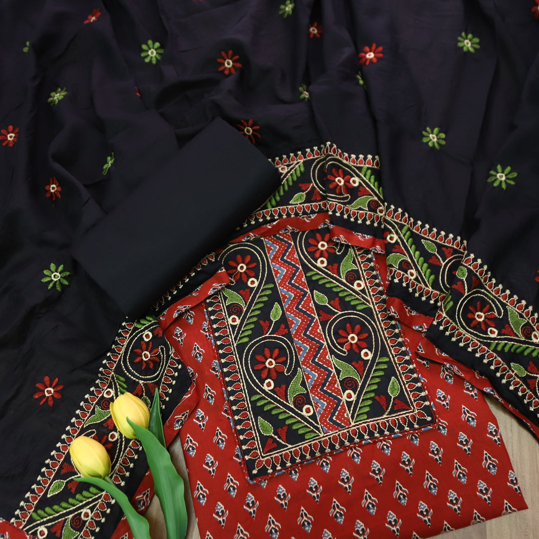 Roshni Cherry Red Thread Embroidered Yoke on Ajrak Printed Cotton Suit Set