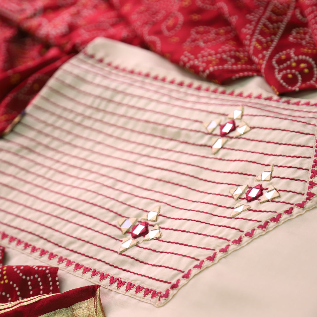 Saheli Cream White Thread Embroidered Neck with Mirror Work Roman Silk Set