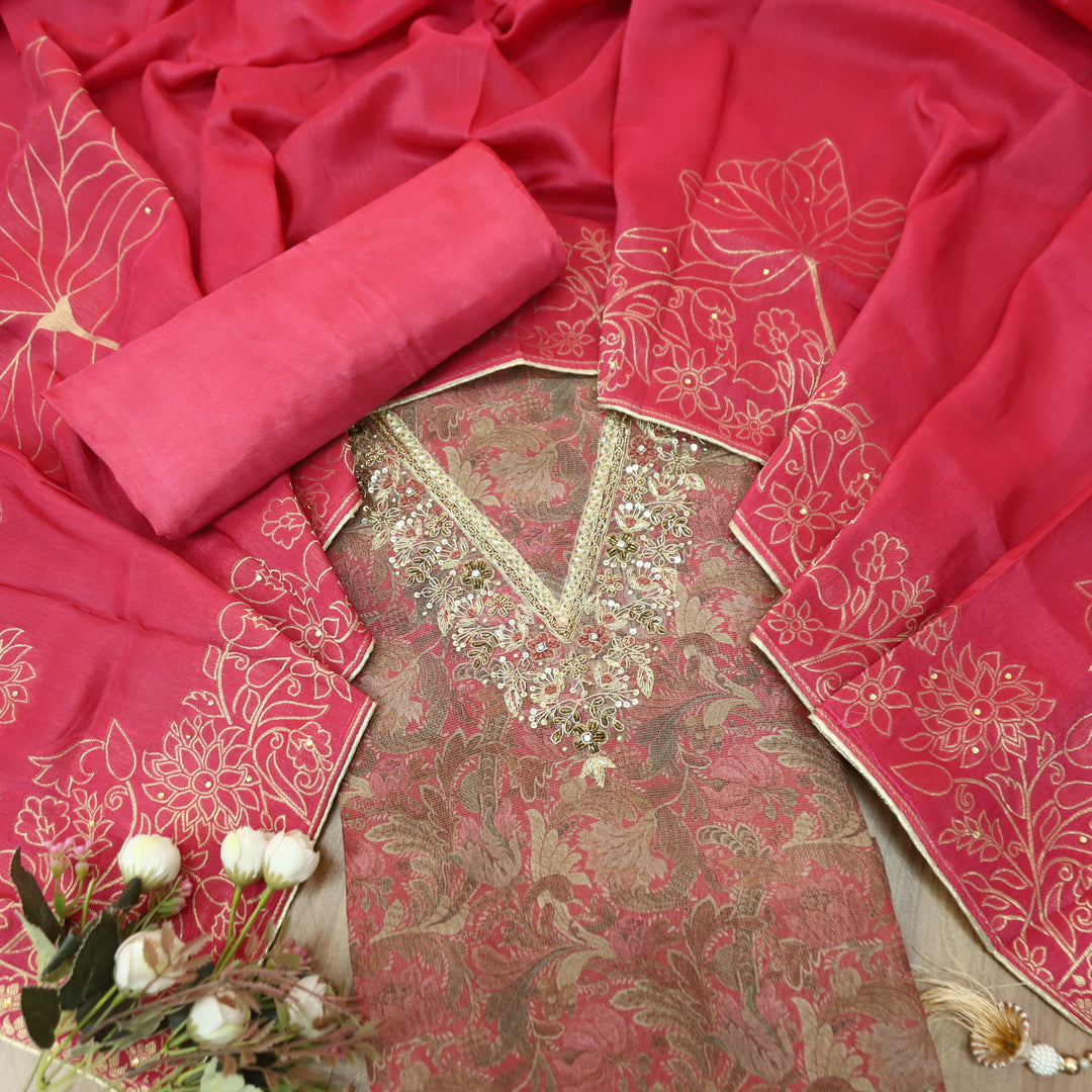 Zareen Rossy Blush with Embellish V Neck Work in Floral Print Shimmer Tissue Set