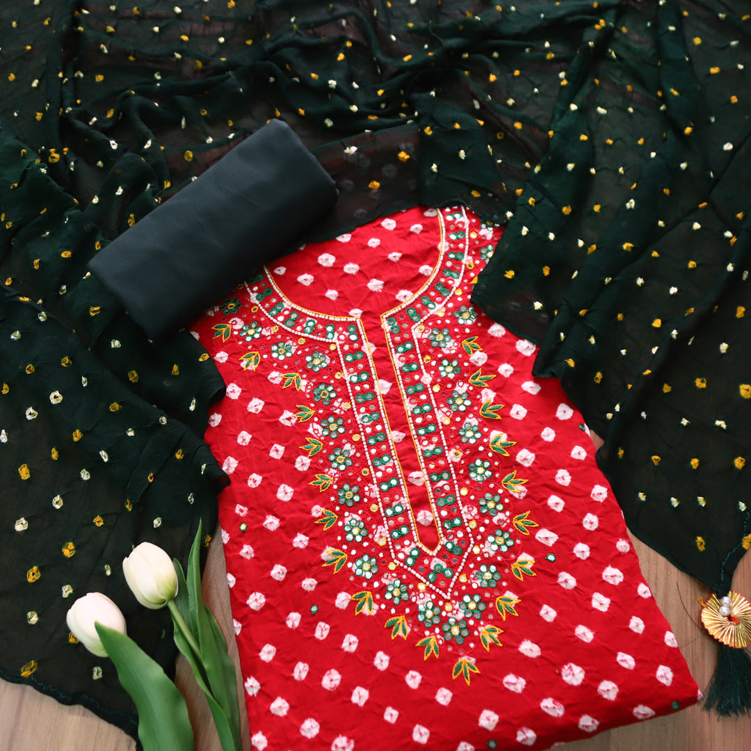 Jhanvi Tomato Red Embellish Neckline in All Over Authentic Bandhej Work Cotton Set