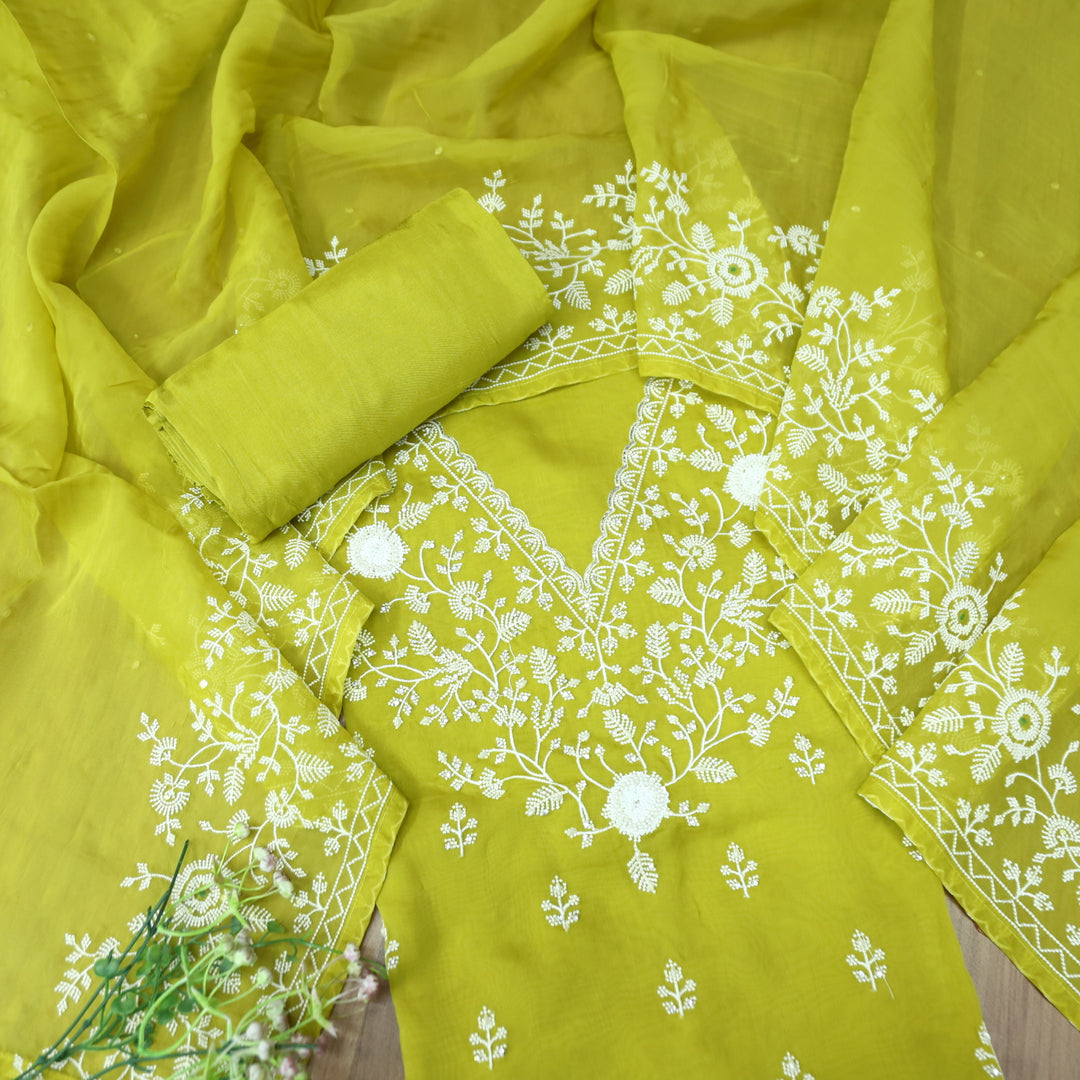 Mourya Lemon Yellow Thread Embroidered with Moti Work Organza Suit Set