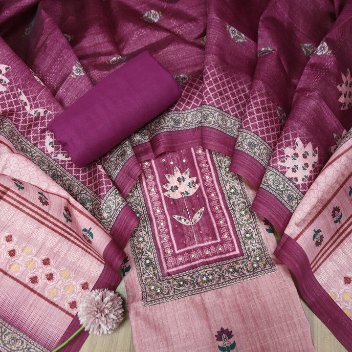 Khalasi Lilly Mulberry Digital Printed with Spiral and Patra Work Art Silk Chanderi Set