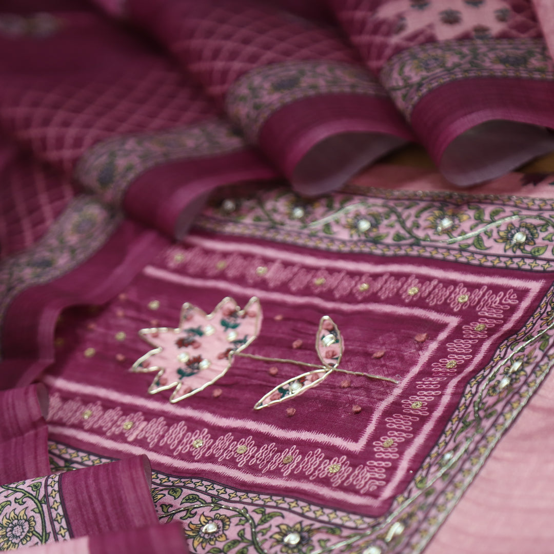 Khalasi Lilly Mulberry Digital Printed with Spiral and Patra Work Art Silk Chanderi Set