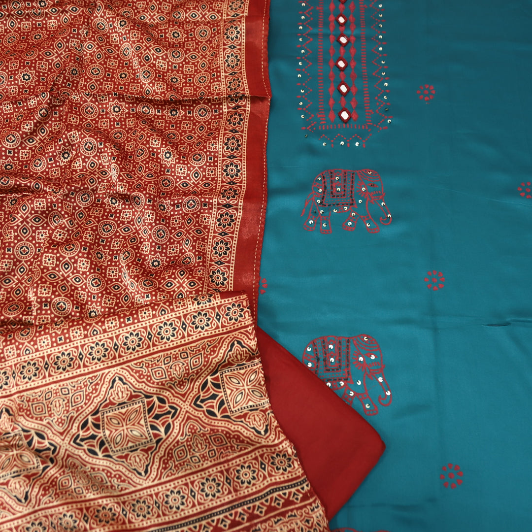 Deewani Dark Teal Mirror Work in All Over Block Printed Rayon Satin Suit Set