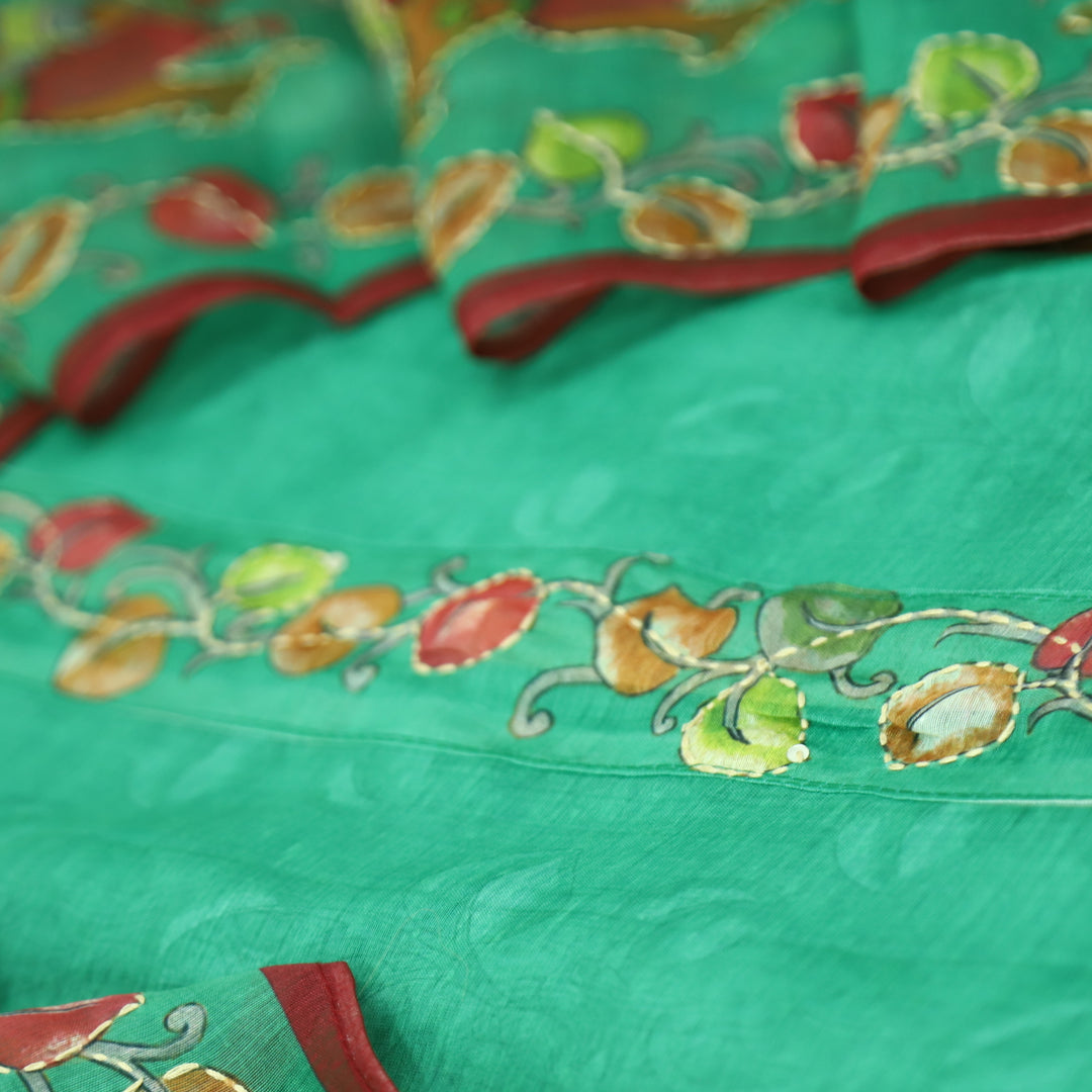 Saiyara Sea Form Green with Kantha Embroidery Neck Work Chanderi Suit Set