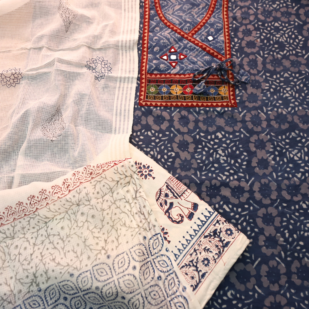 Saundraya Navy Blue Angrakha Neck with Mirror in Dabu Printed Cotton Suit Set
