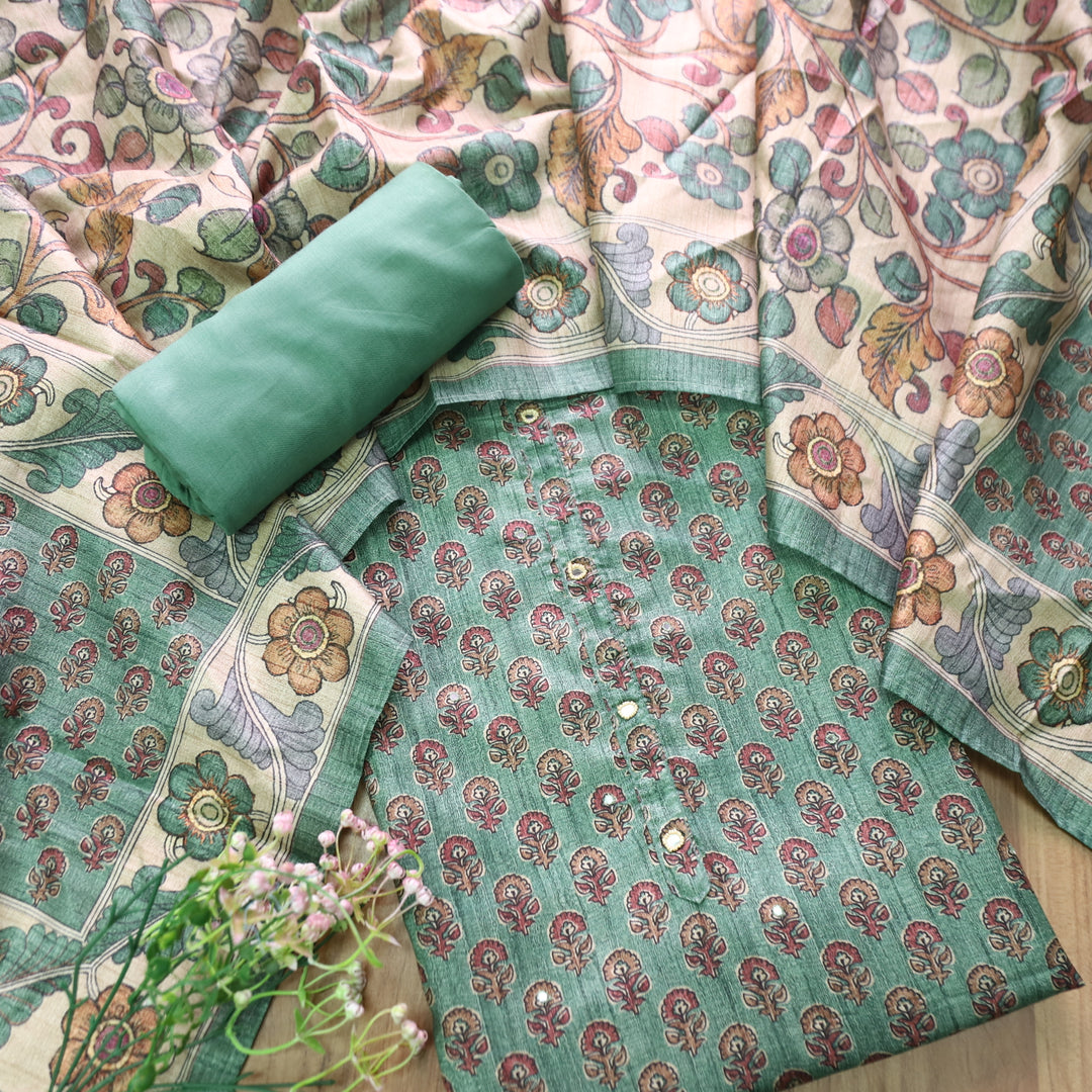 Vrinda Fern Green Kalamkari Digital Printed with Patra Work Tussar Silk Chanderi Set