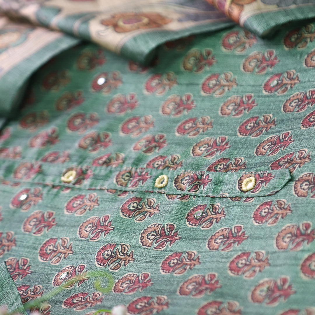 Vrinda Fern Green Kalamkari Digital Printed with Patra Work Tussar Silk Chanderi Set