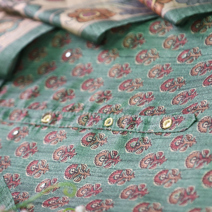 Vrinda Fern Green Kalamkari Digital Printed with Patra Work Tussar Silk Chanderi Set