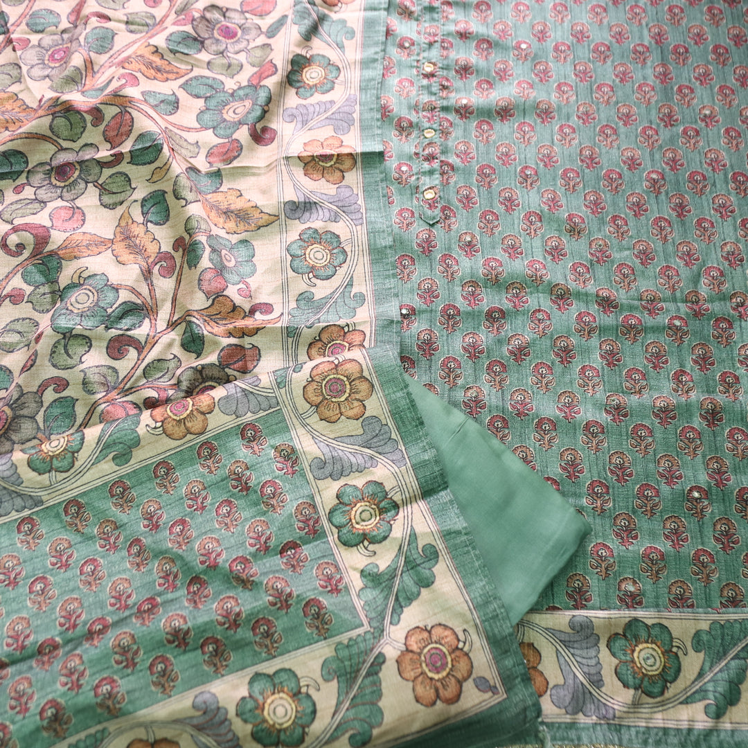 Vrinda Fern Green Kalamkari Digital Printed with Patra Work Tussar Silk Chanderi Set
