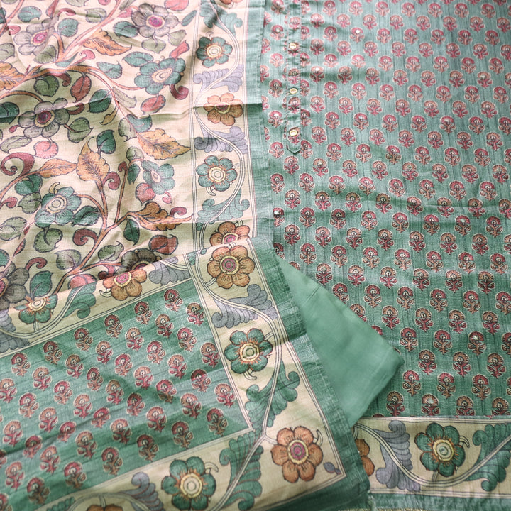 Vrinda Fern Green Kalamkari Digital Printed with Patra Work Tussar Silk Chanderi Set