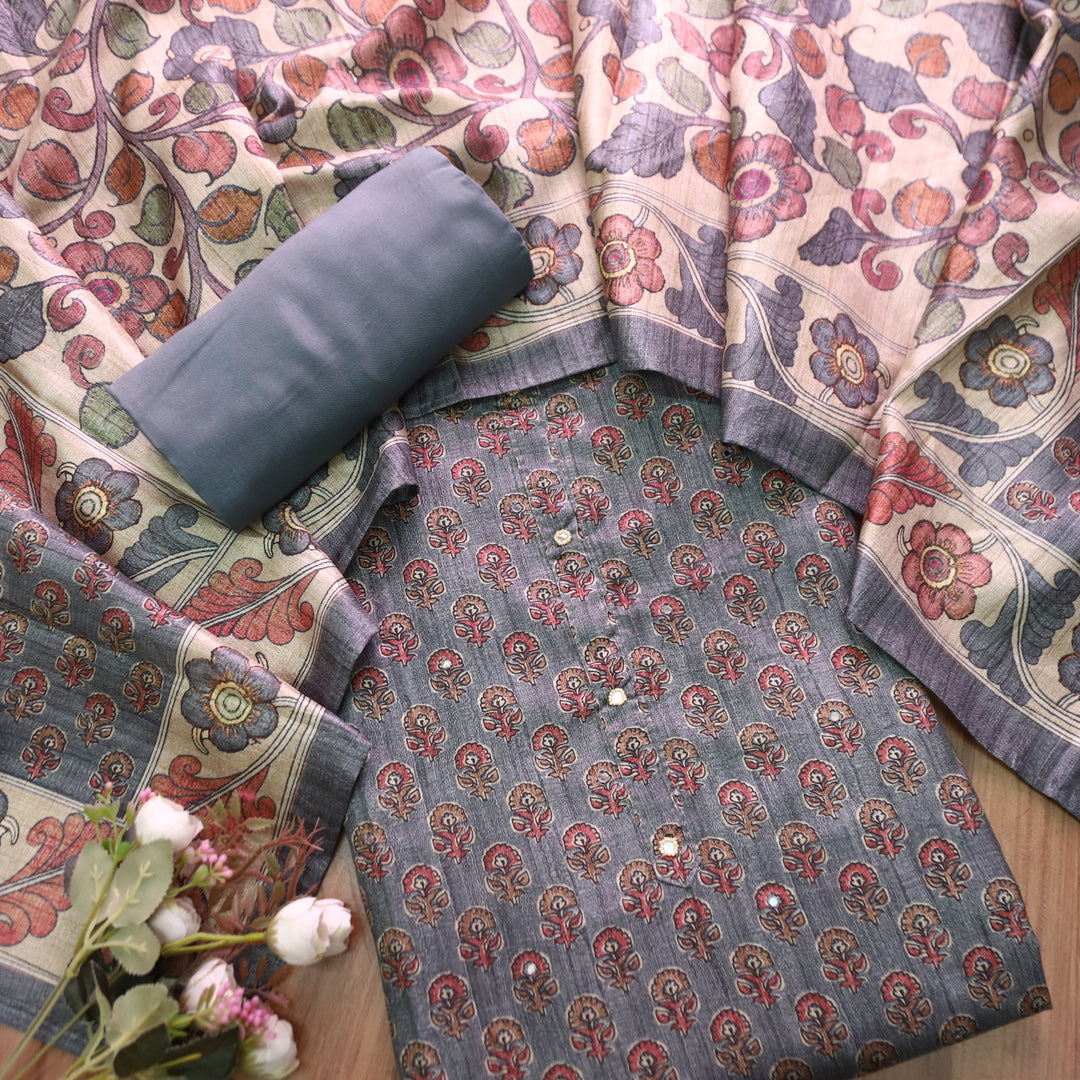 Vrinda Purplish Grey Kalamkari Digital Printed with Patra Work Tussar Silk Chanderi Set