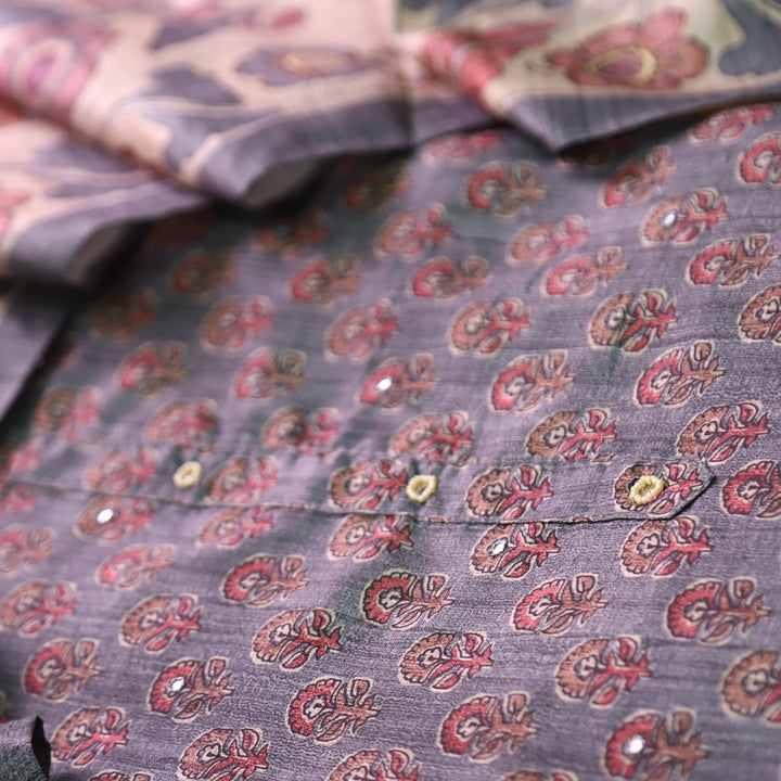 Vrinda Purplish Grey Kalamkari Digital Printed with Patra Work Tussar Silk Chanderi Set