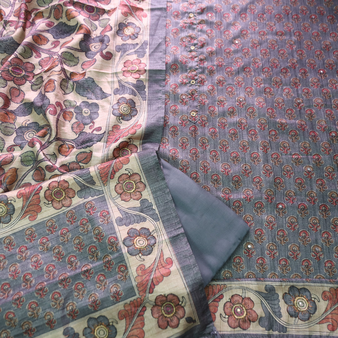 Vrinda Purplish Grey Kalamkari Digital Printed with Patra Work Tussar Silk Chanderi Set