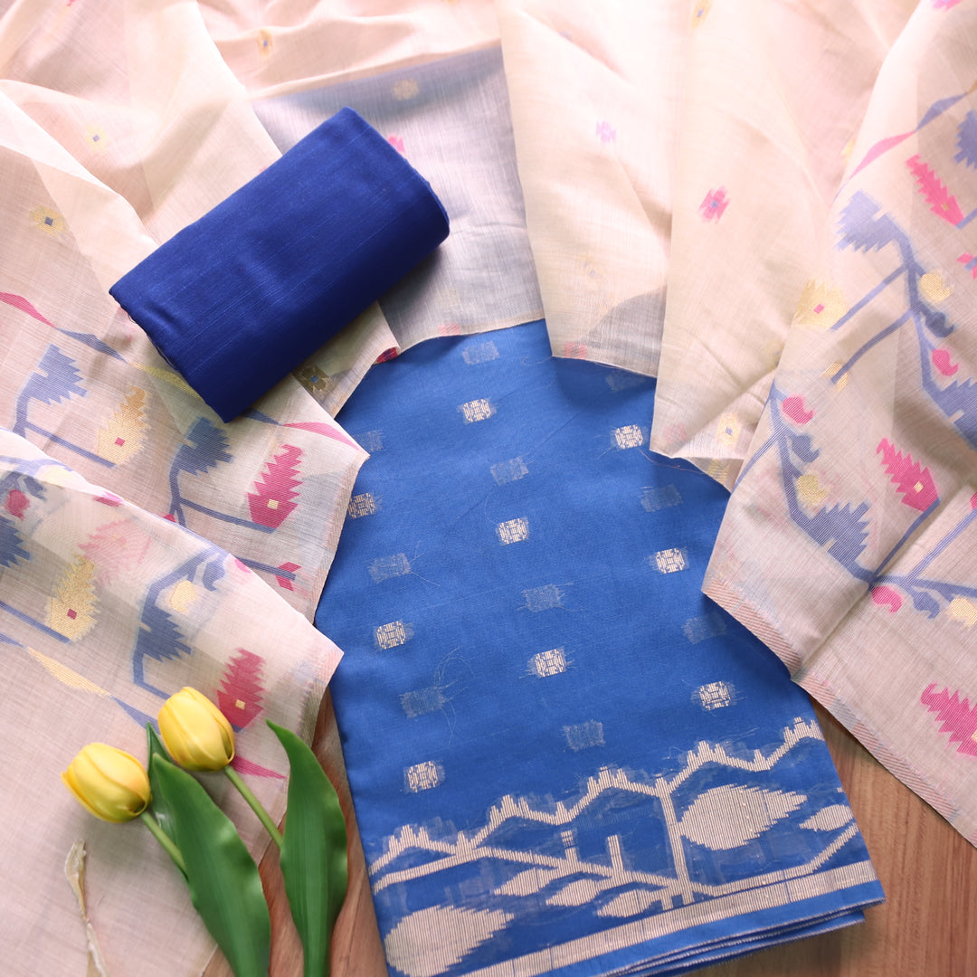 Haseen Electric Blue with All Over Authentic Jamdani Weaved Hem Suit Set