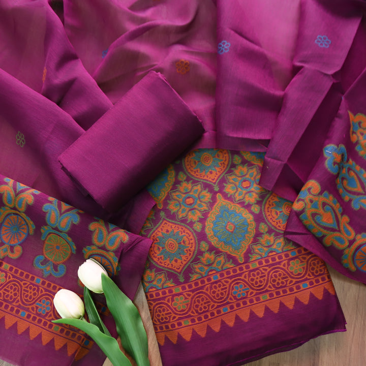 Hamraavi Magenta Purple with All Over Authentic Jamdani Weaved Hem Suit Set