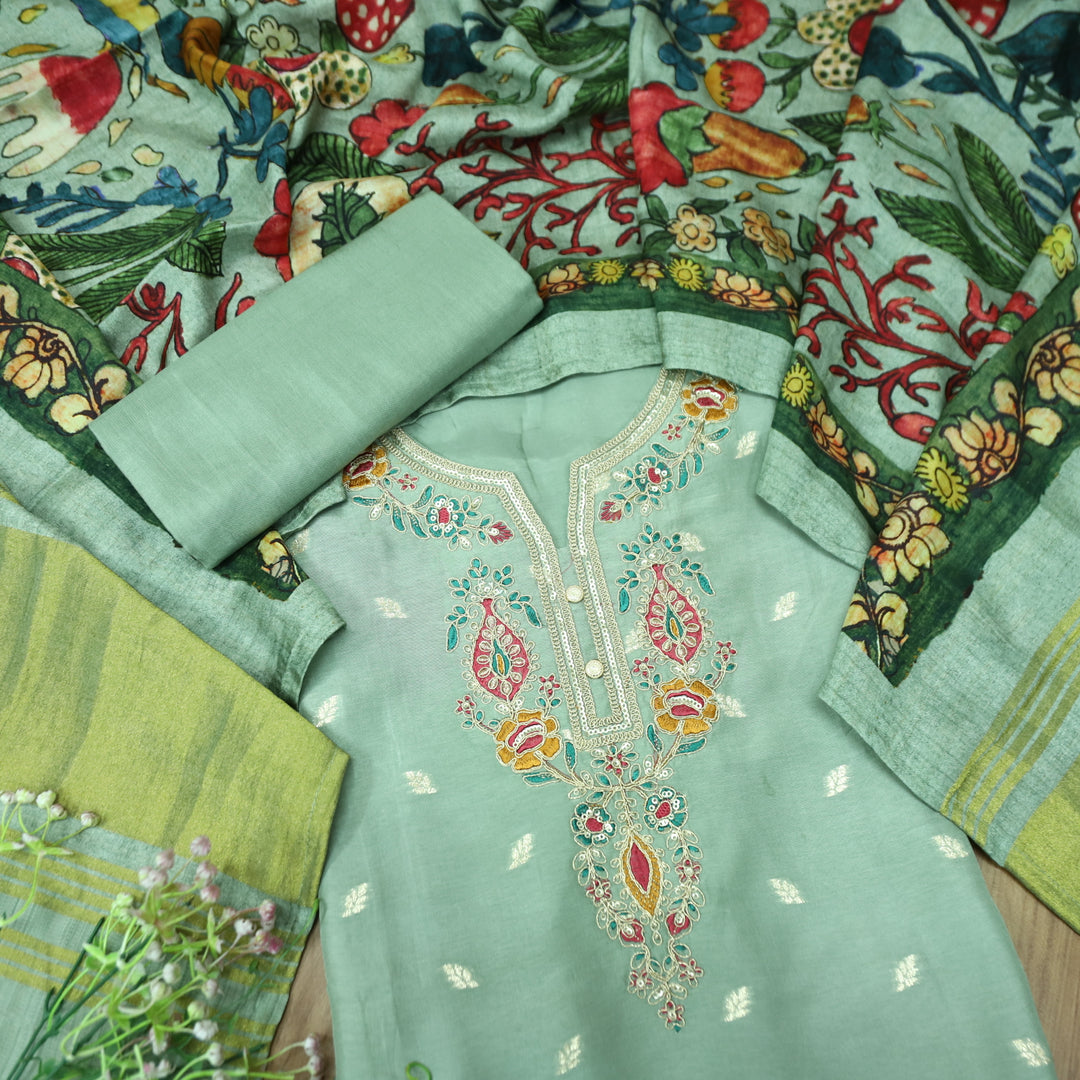 Hayaat Sea Form Sage Thread Embroidered Work Neck with Zari Dola Silk Set