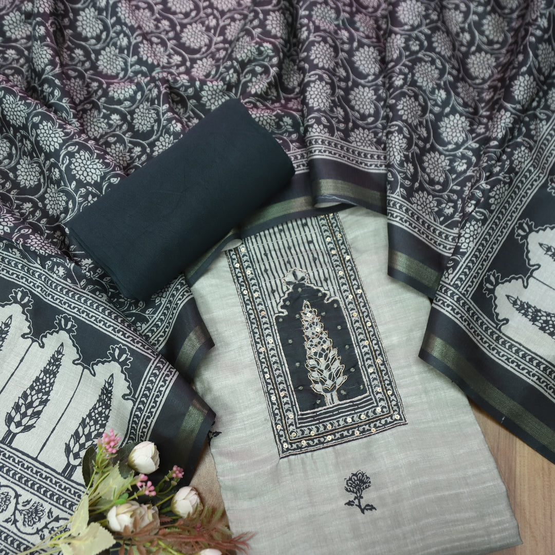 Reshmi Sky Grey in Black Digital Printed Yoke with Zari and Knot Work Art Silk Chanderi Set