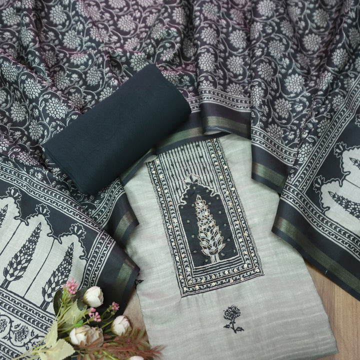 Reshmi Sky Grey in Black Digital Printed Yoke with Zari and Knot Work Art Silk Chanderi Set