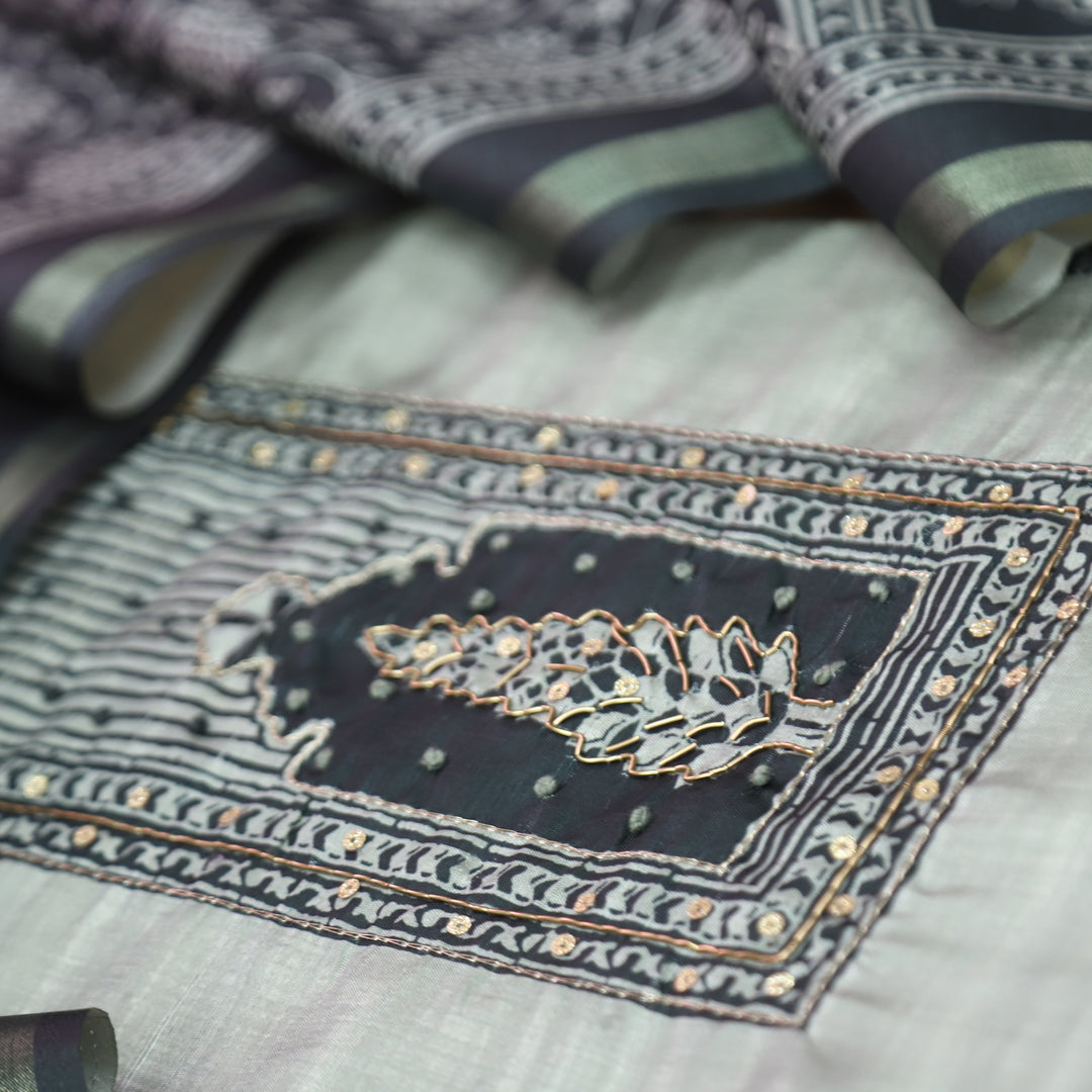 Reshmi Sky Grey in Black Digital Printed Yoke with Zari and Knot Work Art Silk Chanderi Set