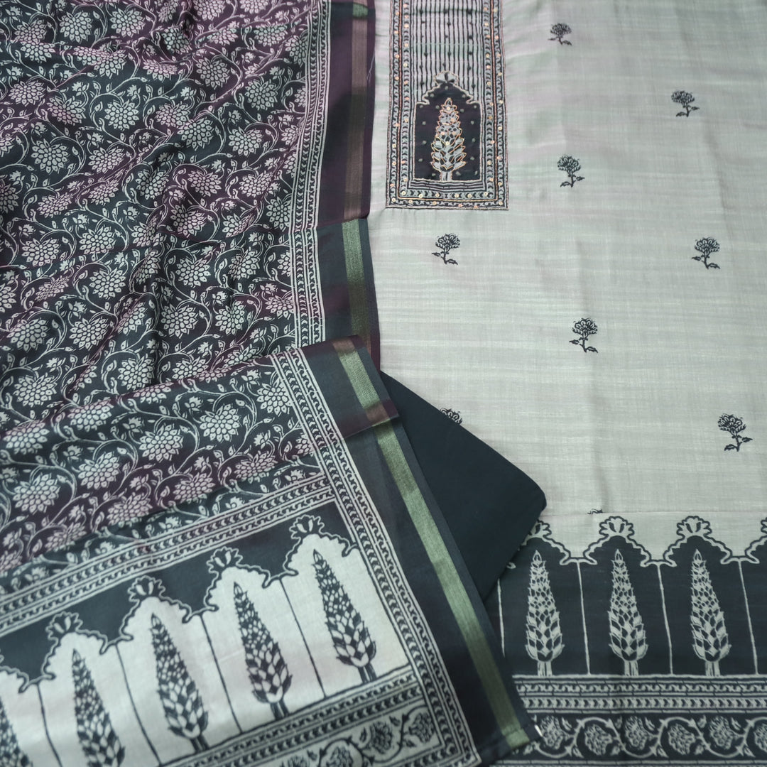 Reshmi Sky Grey in Black Digital Printed Yoke with Zari and Knot Work Art Silk Chanderi Set