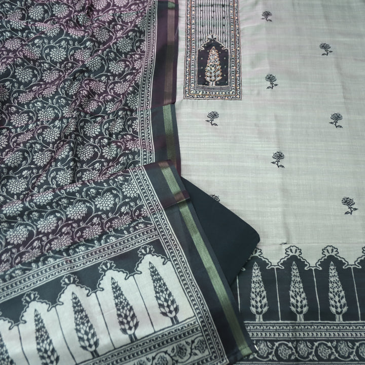 Reshmi Sky Grey in Black Digital Printed Yoke with Zari and Knot Work Art Silk Chanderi Set